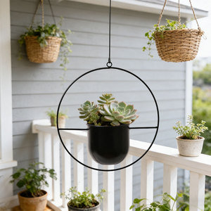 Metal Hanging Flower Pot Round Black Iron Planter <b>For</b> Balcony Succulent <b>Planting</b> Outdoor Decor - Product Image 1