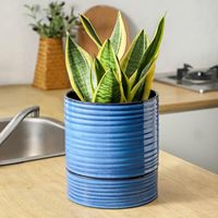 Pot Tanaman Porselen 8 Inci dengan Lubang Drainase dan Alas, Ukuran Besar untuk Penggunaan Dalam/Luar Ruangan, Gaya Modern Vintage Biru untuk Rumah dan Taman
