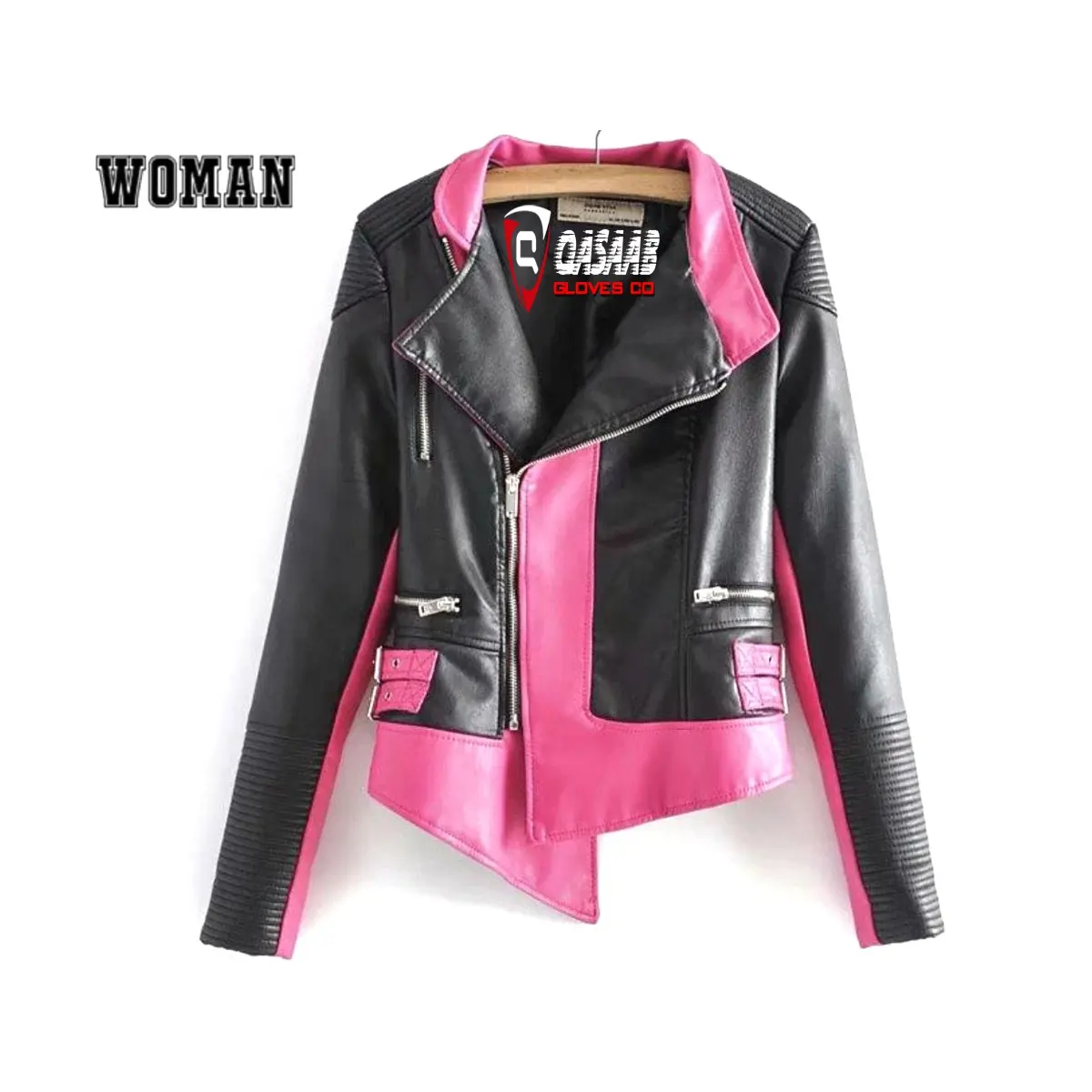 Stylish-Casual Color-Block Lapel-Collar Breathable Long-Sleeve Fashion Leather Zippers Women Jackets