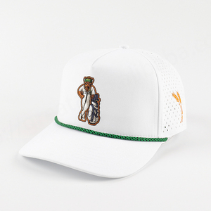 Casquette de baseball mode personnalisée OEM hommes femmes 5 panneaux à bord incurvé 100% polyester respirant imperméable point léopard blanc découpé au laser - Product Image 1