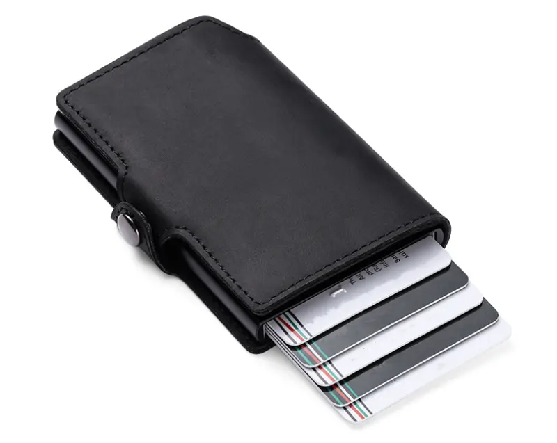 Card Holder Pop Up Genuine Leather RFID Blocking Card Holder Slim Wallet Aluminum Alloy Card Box With Portable Anti Pop Up Function Business Gift