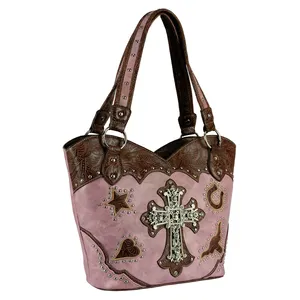 Fashion Design Western Shoulder Bag with Rhinestone Big Cross Tooled PU Leather Tote Bag for Lady Women