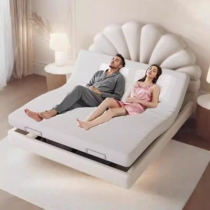 <span class=keywords><strong>Lit</strong></span> double en cuir à pétales motorisé et <span class=keywords><strong>suspendu</strong></span> électriquement - Design moderne, écologique, hauteur réglable pour le confort des couples - Product Image 3