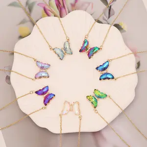 2022 Warna-warni Gradien Kristal Kupu-kupu Kalung untuk Anak Perempuan Kuningan Liontin Kalung Wanita Perhiasan Rantai Musim Panas