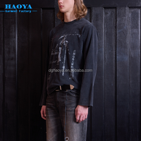 Op maat gemaakte, hoogwaardige, zware DTG-geprinte, stonewashed, lange mouwen, donkergrijze vintage T-shirt voor heren