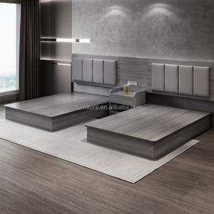 Ensembles de lits jumeaux pour hôtel, meubles de chambre d'hôtel en bois contreplaqué MDF avec tête de lit rembourrée en tissu combiné pour projet d'hôtel 3 étoiles - Product Image 5