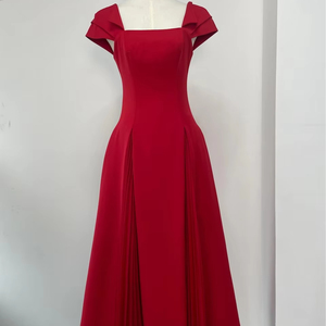 Summer New Small Design Straight <strong>Red</strong> Celebrity Pleated Square Collar Elegant Grand Dress - Product Image 1