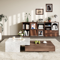 Table basse minimaliste pour salon, design extensible avec plateau effet marbre blanc et base en placage de noyer avec rangement
