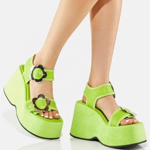 Sandales plates vertes pour femmes, talons compensés hauts, boucles fleuries, plateforme épaisse, chaussures d'été décontractées pour la plage - Product Image 2