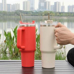 Light Blue Stainless Steel Tumbler With Straw <b>Double</b> <b>Wall</b> Vacuum Insulated Handle For Outdoor Travel Camping - Product Image 4