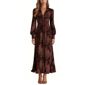 เดรสยาวพิมพ์ลายเพสลีย์สไตล์วินเทจสำหรับผู้หญิง แขนยาว ซิปด้านหน้า ทรงพลิ้วไหว ชุดราตรีแฟชั่น - Product Image 2