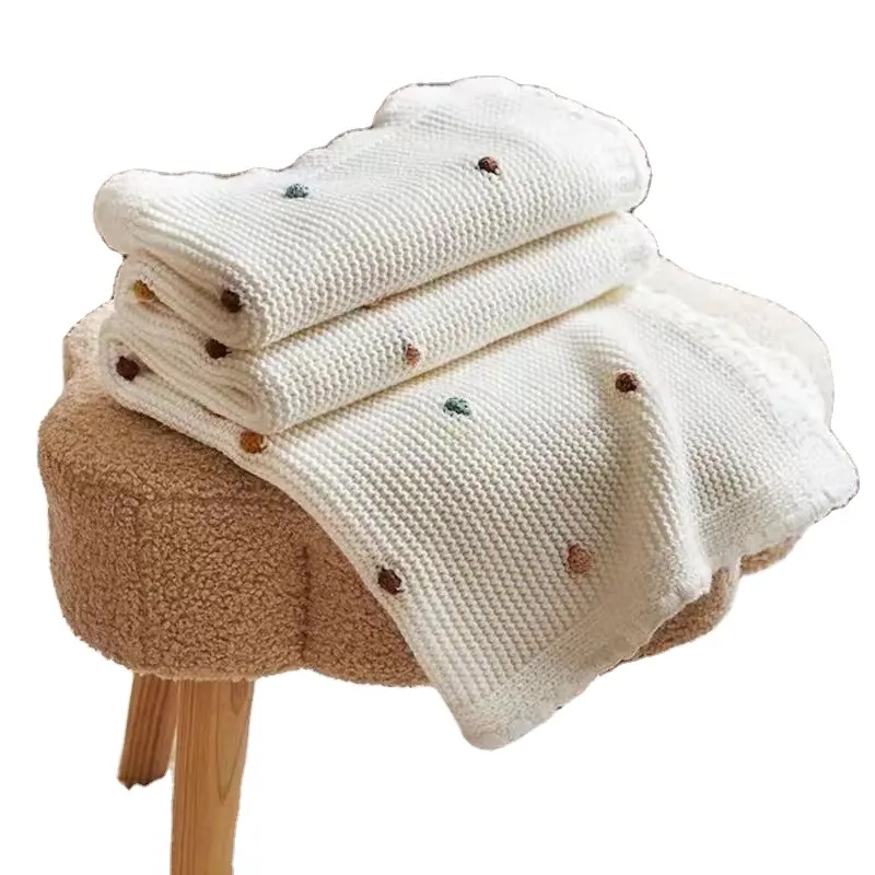 Em bé chăn dệt kim cotton mềm mại trẻ mới biết đi chăn Chunky đan Pom Pom em bé chăn bộ đồ giường xe đẩy nôi ngủ Bìa