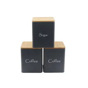 Food-grade Set Of 3 Metal Kitchen Counter Food Container Jars Tea Coffee Sugar Storage Kitchen Canister Sets With Bamboo Lid