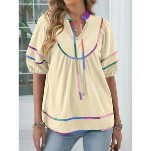 Womens Boho Blouse V Neck Short <b>Lantern</b> Sleeve Chiffon Flowy Peplum Top Casual Everyday Wear Breathable Summer Shirt - Product Image 2