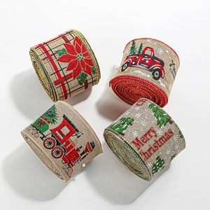 Rubans de Noël en lin à bordure filaire, imprimés personnalisés avec Père Noël, flocons de neige et voitures, pour sapins de Noël - Product Image 1