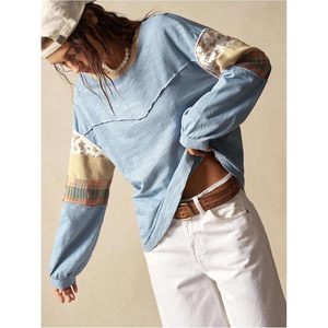 Camiseta de punto suave para mujer, estilo bohemio floral, manga larga, con parches, cuello redondo, ajuste holgado, informal, para todas las estaciones - Product Image 5