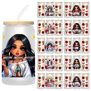 Hermosa Chicana <span class=keywords><strong>Latina</strong></span> mujer rosa 16OZ UV DTF taza envoltura transferencias pegatinas para Libbey vidrio puede tazas vaso impermeable artesanía - Product Image 1