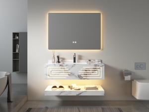 Set Mobile Bagno Moderno a Parete a Doppio Strato in Ardesia, Resistente all'Acqua, con Specchio LED e Lavabo in Ceramica - Product Image 5