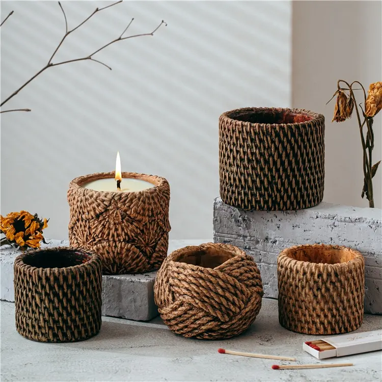 Vintage Stijl Creatieve Bamboe Geweven Ontwerp Home Decor Lege Cement Kaars Pot Voor Kaars Maken