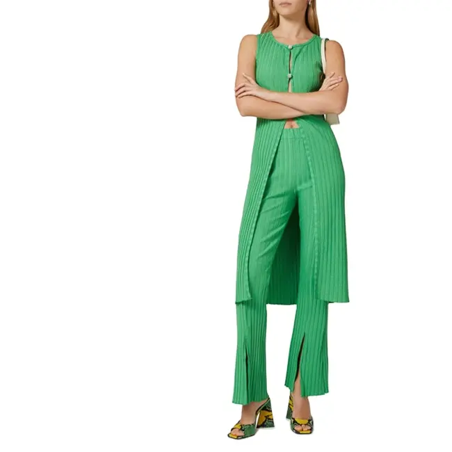 Women's 2023 New In Style Pit Knitting Sleeveless Long Tops Spring Fashion Green Stretch-Viscose Ribbed Tunic Tops