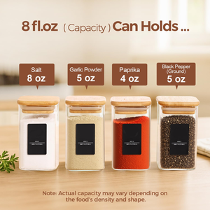 8oz Black Square Glass Spice Jars Bamboo Airtight Lids White Labels for Kitchen Pantry Food Storage <b>Container</b> - Product Image 5