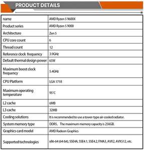 Le processeur AMD Ryzen 5 9600X 6-Core 12-Thread prend en charge les fréquences de base DDR5. Est de 3.9GHz, Max boost Freq. Est 5.4GHz. - Product Image 4