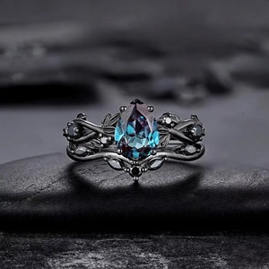 Anillos de circonita azul místico con corte de pera ZhuQian al por mayor, juego de 2 piezas para mujer, joyería gótica vintage con diseño de rama natural, deslumbrante para boda - Product Image 1
