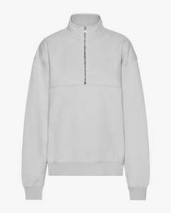 Sudadera de estilo vintage gris claro con media cremallera para mujer, hombros caídos, costura frontal, algodón grueso, estilo urbano, tipo jersey - Product Image 4