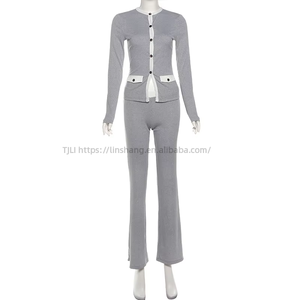 Conjunto Casual de 2 Piezas para Mujer, Otoño, Cuello Redondo, Botones, Bloques de Color, Cárdigan de Manga Larga y Pantalones de Cintura Alta - Product Image 4