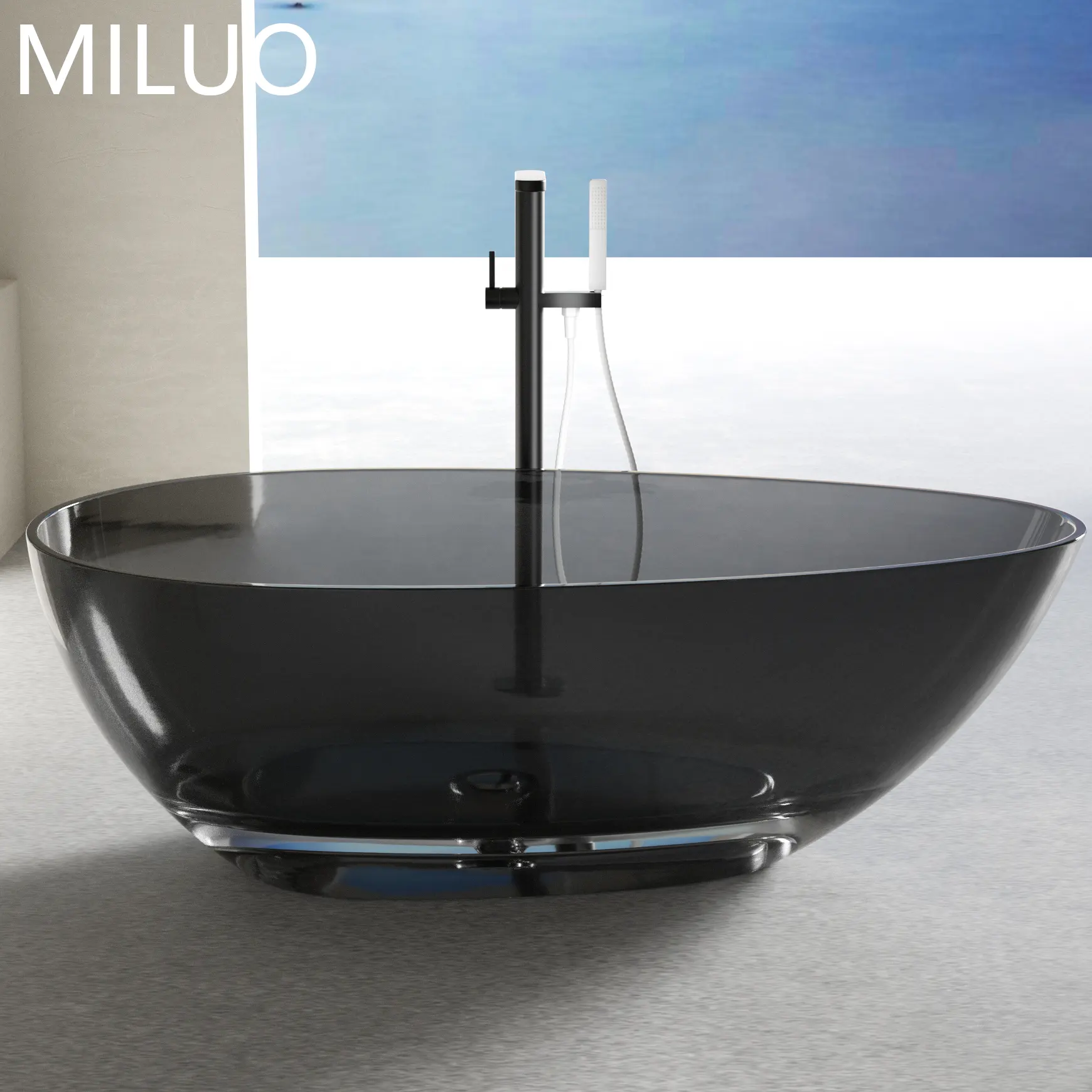 Stile moderno vasca da bagno trasparente per hotel progetto nero in resina trasparente vasca da bagno ovale Freestanding per villa bagno