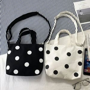 <b>Black</b> White Zipper Canvas Women's Polka Dot Bohemian Student Class <b>Tote</b> <b>Bag</b> Tablet Storage Adjustable Strap Crossbody Handbag - Product Image 1