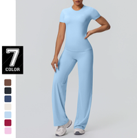 Ensemble de sport 2 pièces pour femme : T-shirt de yoga et de course à séchage rapide, haut d'entraînement respirant et pantalon large push-up