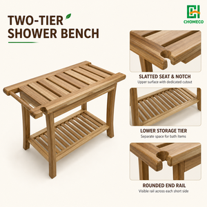 CHOMECO Tabouret de <span class=keywords><strong>Douche</strong></span> de Luxe Moderne et Durable en <span class=keywords><strong>Bois</strong></span> de Teck Africain avec Crochet Latéral <span class=keywords><strong>pour</strong></span> Pomme de <span class=keywords><strong>Douche</strong></span>, <span class=keywords><strong>Banc</strong></span> de Salle de Bain Étanche à 2 Étagères - Product Image 3