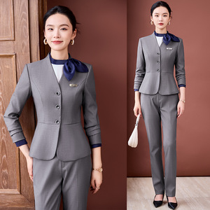 Women's Professional Suit Set Gray Polyester Anti-Wrinkle Formal Wear For Receptionist Or Technician Uniform - Product Image 1