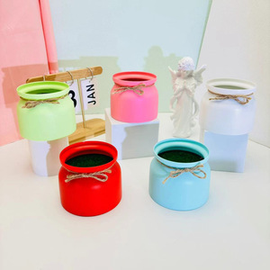 Pot de fleurs évasé en plastique couleur macaron avec nœud, pour plantes artificielles, décoration de mariage et d'hôtel, rouge vif, vert clair, bleu clair, rose - Product Image 1