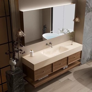Modern wood color bathroom vanity with LED mirror white washbasin storage mirror cabinet hanging cabinet - Product Image 2