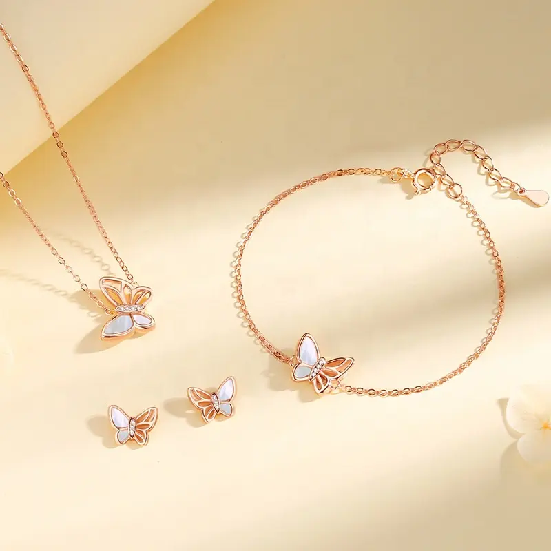 Conjunto de joyería de plata de ley 925 con mariposas delicadas, joyería, collar, pulsera, pendientes