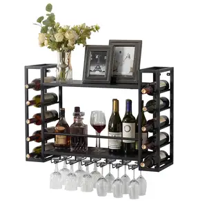 Estante de vino montado en la pared personalizado con soporte de vidrio Soporte de botella de metal Estante de exhibición de almacenamiento de vino para Bar en casa