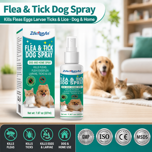 ZouRunAn 227ml <span class=keywords><strong>Spray</strong></span> anti-puces et tiques pour <span class=keywords><strong>chien</strong></span>, marque blanche, OEM, ODM, formule personnalisée, couleur de bouteille, carton, étiquette multilingue, directement de l'usine - Product Image 2