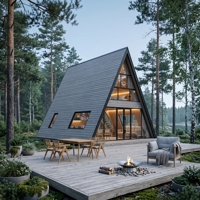 Unité de villégiature modulaire de luxe, maison à ossature triangulaire, structure en acier léger, design moderne, résistante aux tremblements de terre et au vent