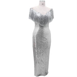 Seksi gümüş pullu elbise Vestidos De Fiesta lüks Maxi elbiseler kadınlar zarif püskül kapalı omuz v boyun balo kıyafetleri 2023 - Product Image 4