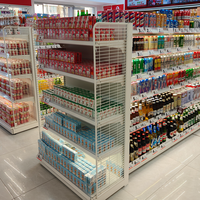 Étagères modulaires 2026 à 5 niveaux en métal robuste avec revêtement en poudre époxy pour magasin de proximité, unité murale en treillis diamant rouge et blanc, gain de place
