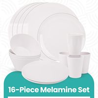 Service de table en mélamine 16 pièces, résistant aux rayures, passe au lave-vaisselle, 4 assiettes plates, 4 assiettes à dessert, réutilisable, intérieur/extérieur, blanc uni