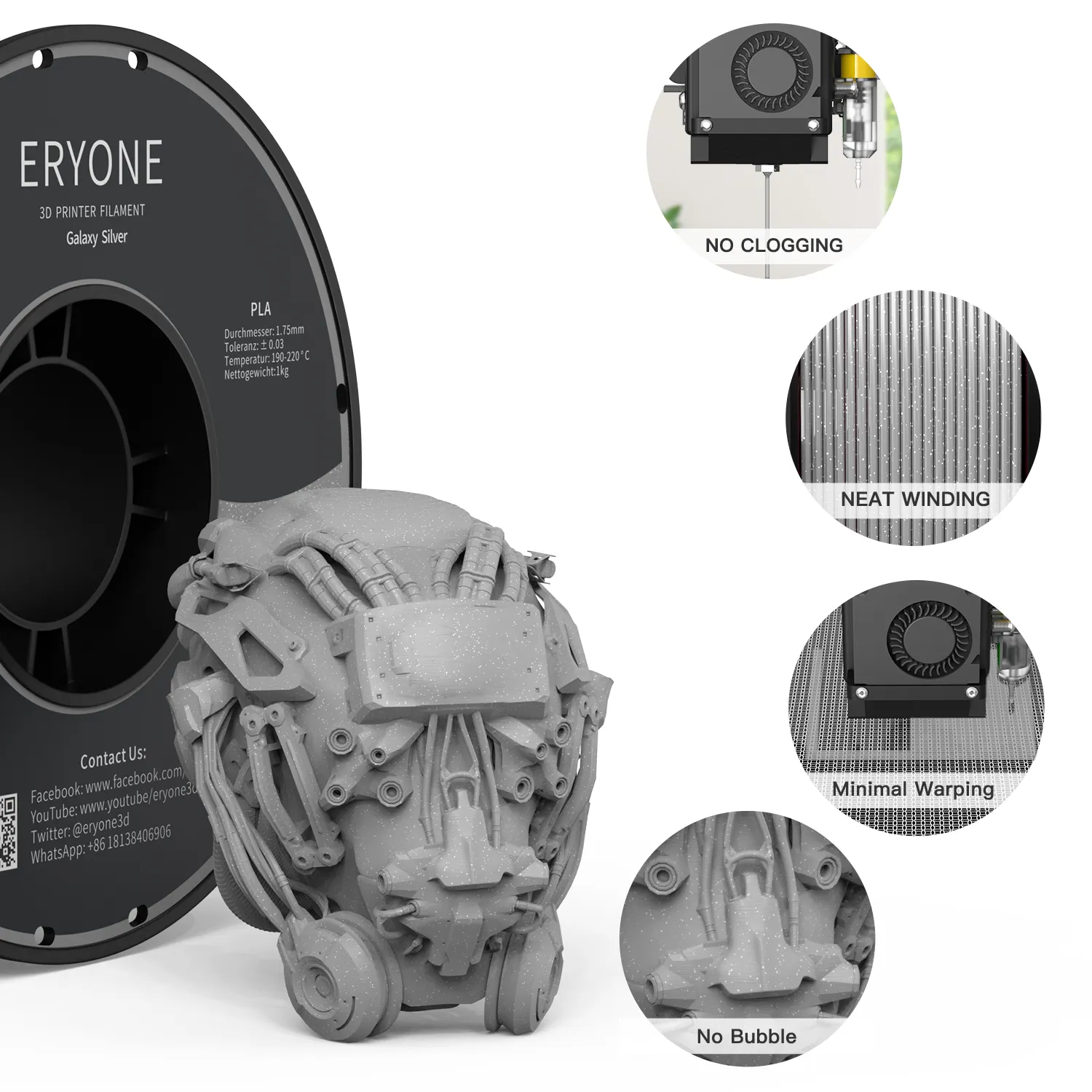 Eryone-Filamento PLA de plata brillante, 1,75mm, impresión 3D, varillas de plástico, Material de impresión 3D