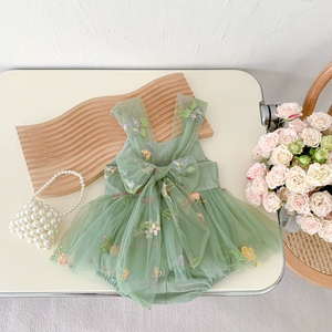 Rts Trẻ Em Quần Áo Ren Bow Hàng May Mặc Mùa Hè Hoa Cô Gái Bé Ngọt Ngào Hoa Rompers Không Tay Ăn Mặc - Product Image 4