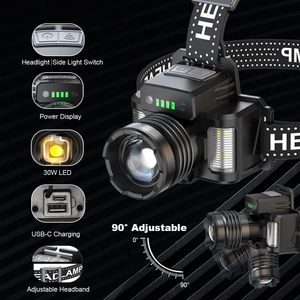 Linterna <span class=keywords><strong>Frontal</strong></span> LED de 30W con Alcance de 5000M, <span class=keywords><strong>Recargable</strong></span> con Batería 18650, Linterna <span class=keywords><strong>Frontal</strong></span> de Alta Potencia para Pesca - Product Image 4
