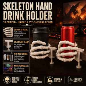 3D printed Gothic <b>skull</b> cup holder - Table-mounted beverage storage rack with clip base, suitable for cans and cups. - Product Image 3