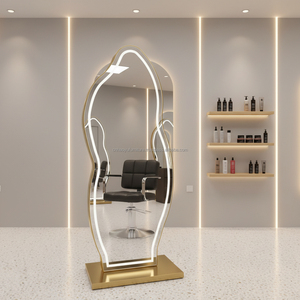 Estación de espejo LED con hojas de acero inoxidable dorado de lujo para peluquería y salón de maquillaje - Product Image 1