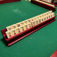 Ensemble de 4 supports de mahjong américains de luxe en bois massif, pions de mahjong nacrés, tuiles de mahjong nacrées Art Déco Dragon Noir Rose Orange