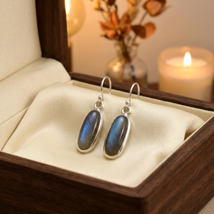 Handmade Gold Plated 925 Sterling <b>Silver</b> <b>Drop</b> <b>Earrings</b> Teardrop Black Labradorite Stone Long Oval Shape for Women Party Occasion - Product Image 3